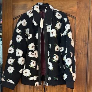 Anthropologie Floral Black and White Sherpa Bomber Jacket